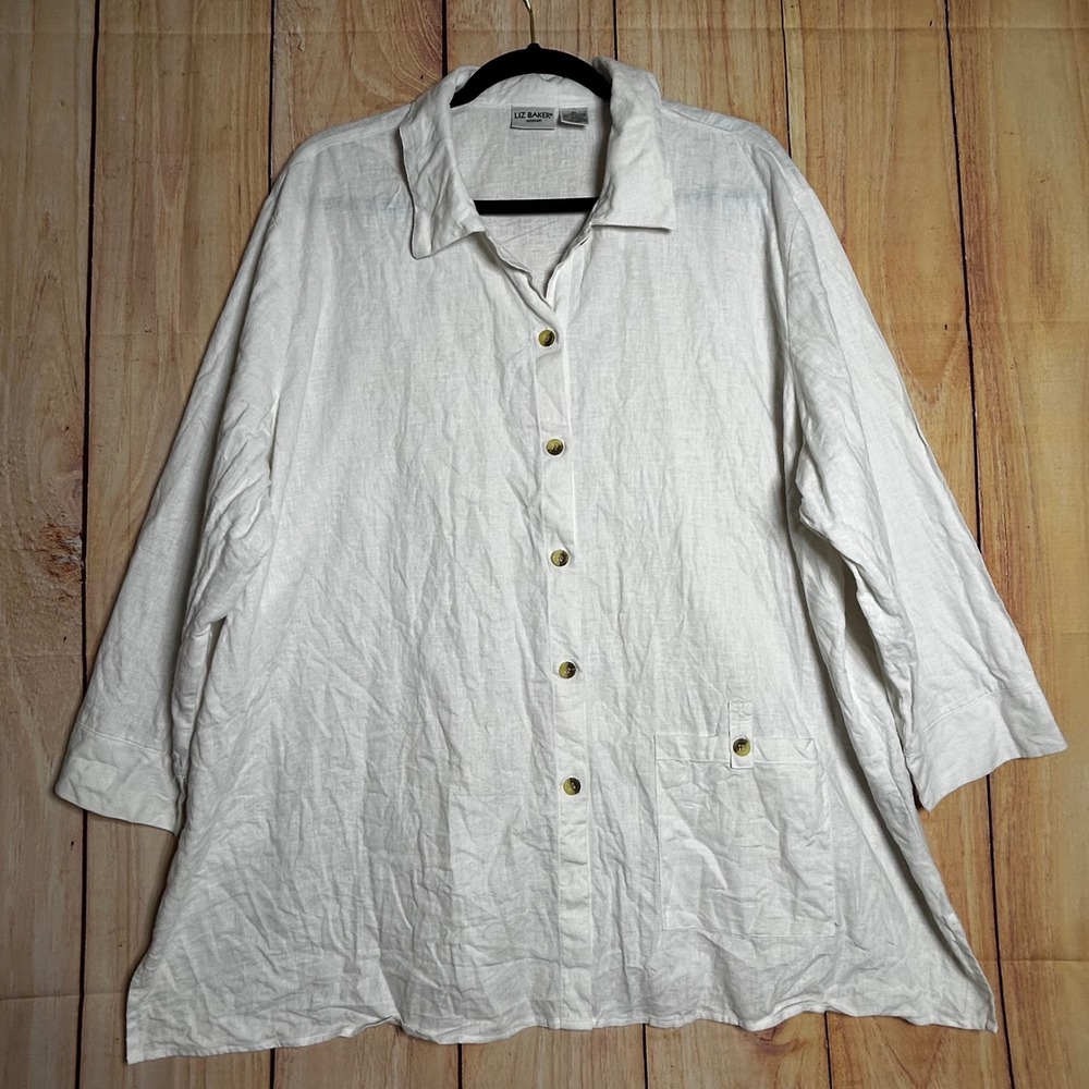 Liz Baker Button Up Shirt Womens 3X White Linen Blend Coastal Grandma Summer